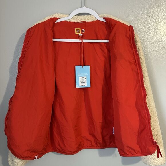 LEGO x Target Womens Size XS Cream Red Sherpa Fleece Sweater Jacket Pink Pocket - Picture 3 of 12